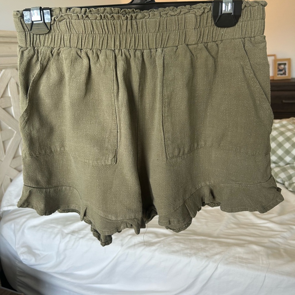 Olive Green Ruffle Hem Women Shorts